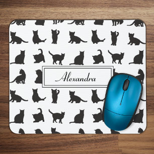 Mousepad Gatos em Silhueta Preta com Monograma de Nome