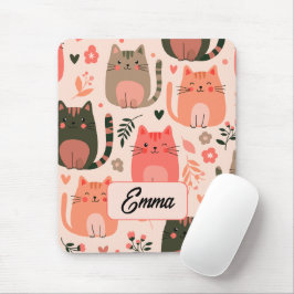 Mousepad Gatos Fofos e Padrão Floral Monograma Personalizad