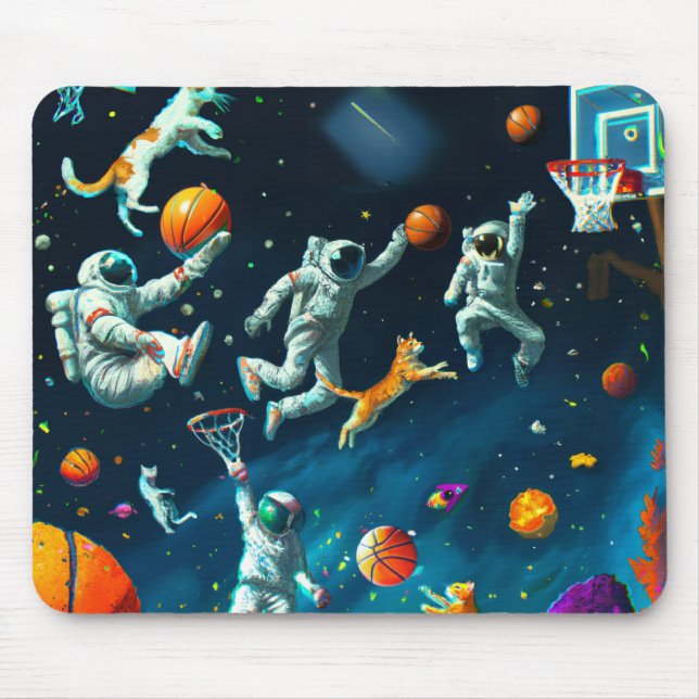 Mousepad Gatos Jogando Basquete no Espaço com Astronautas (Frente)