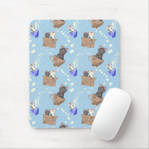Mousepad Gatos na caixa e leite cai em azul