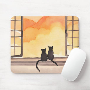 Mousepad Gatos na Janela   Silhueta de Aquarela do Pôr do S
