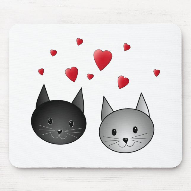 Mousepad Gatos pretos e cinzentos bonitos, com corações (Frente)