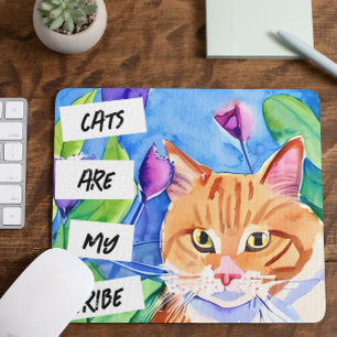 Mousepad Gatos são Minha Tribo Gato Laranja e Flores