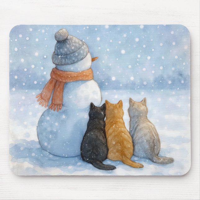 Mousepad Gatos Sentados com um Boneco de Neve em um Campo (Frente)