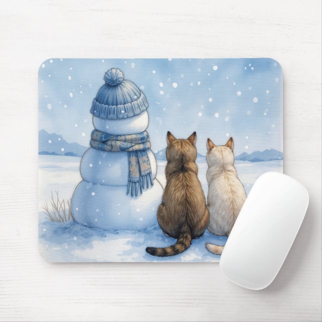 Mousepad Gatos Sentados Com um Boneco de Neve Em um Campo (Com mouse)