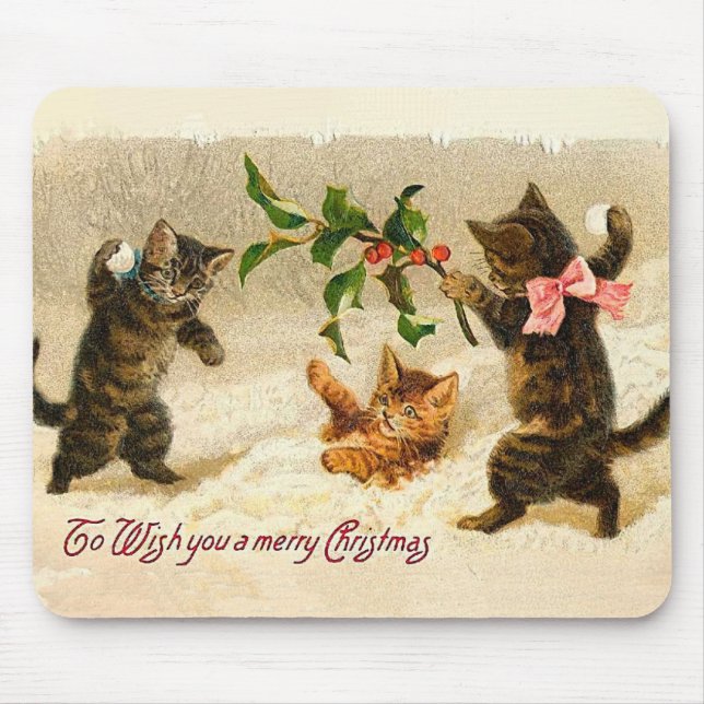 Mousepad Gatos tocando nos Natais vintages de neve (Frente)