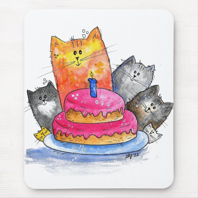 Mousepad Gatos Whimsso com Bolo de Aniversário (Frente)