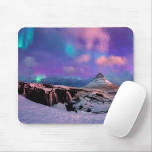 Mousepad Gelo e neve Luzes Nortes, Montanha Kirkjufall
