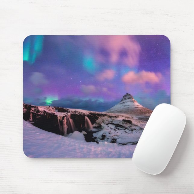 Mousepad Gelo e neve | Luzes Nortes, Montanha Kirkjufall (Com mouse)