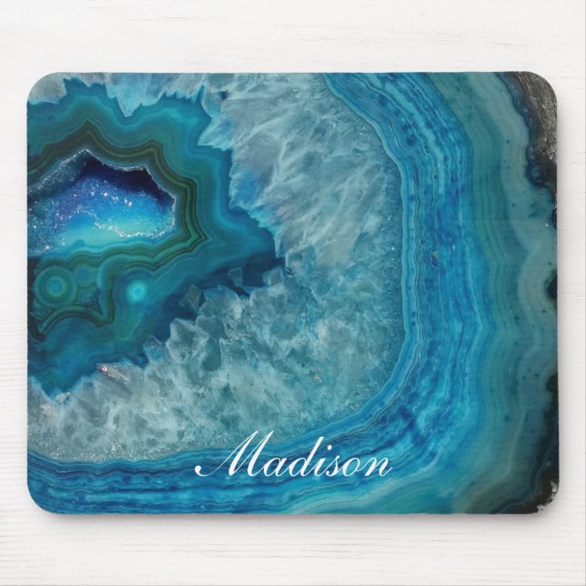 Mousepad Geodo de Ágata Azul Turquesa Monograma Nome (Frente)