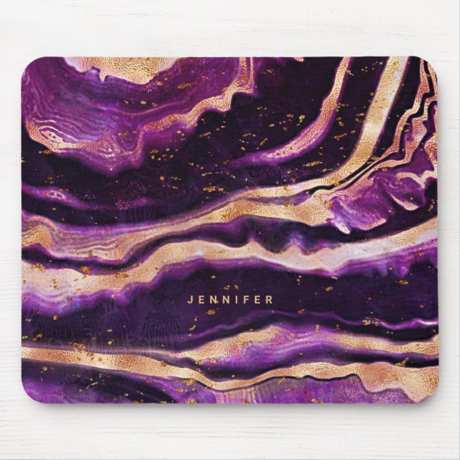 Mousepad Geodo de Aquarela Púrpura, cor-de-rosa Dourada Aga (Frente)