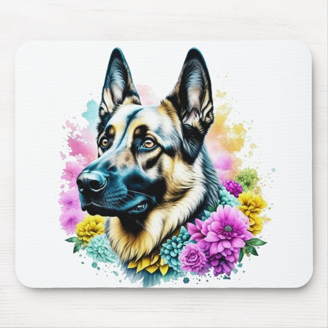Mousepad German shepherd em Flores Rosa e Amarelo (Frente)
