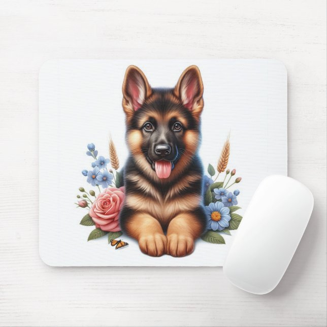 Mousepad German shepherd reproduzível com flores (Com mouse)