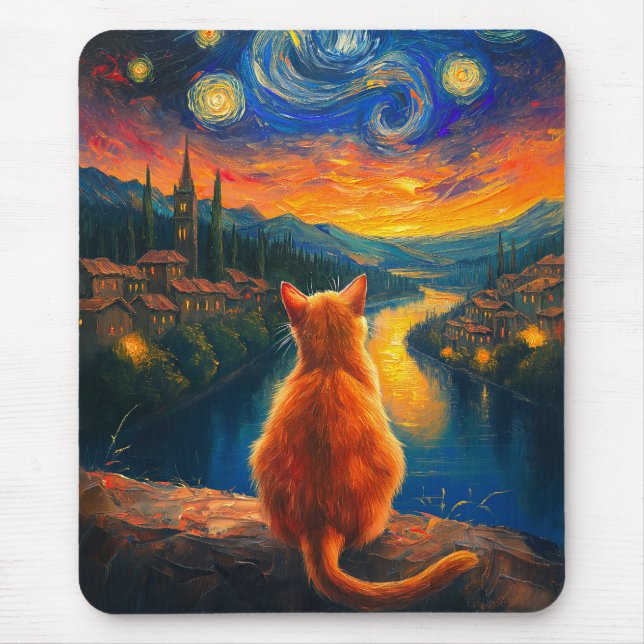Mousepad Ginger Cat Contemplativo | Starry Night Sky Art (Frente)