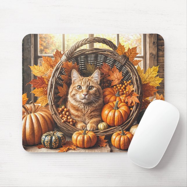 Mousepad Ginger Cat na Cornucopia de Ação de Graças (Com mouse)
