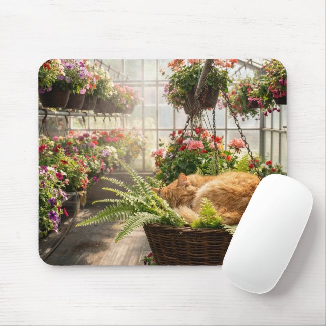 Mousepad Ginger Cat Napping in Hanging Fern Basket (Com mouse)