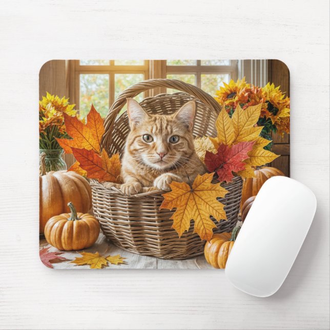 Mousepad Ginger Cat no Cesto de outono (Com mouse)