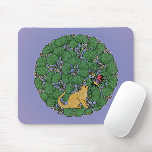Mousepad Ginger cat olha para uma borboleta (Com mouse)