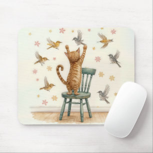Mousepad Ginger Cat Pegando um Pássaro no Wallpaper