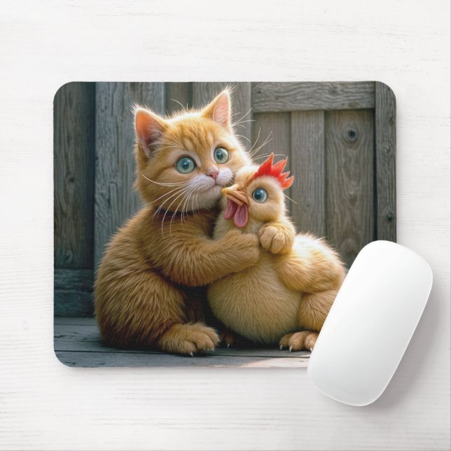 Mousepad Ginger Kitten abraçando um frango (Com mouse)