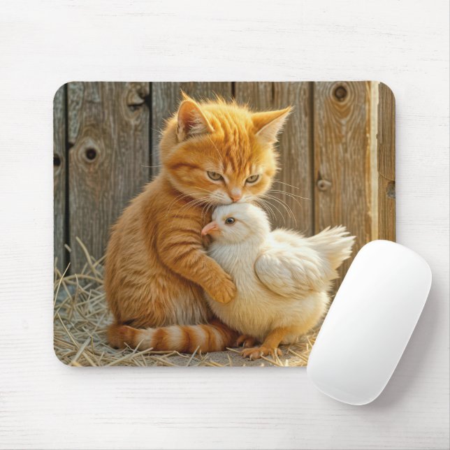 Mousepad Ginger Kitten abraçando um Pintinho de bebê (Com mouse)