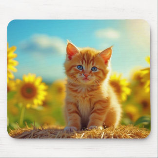 Mousepad Ginger Kitten Adorável no Campo dos Girassóis
