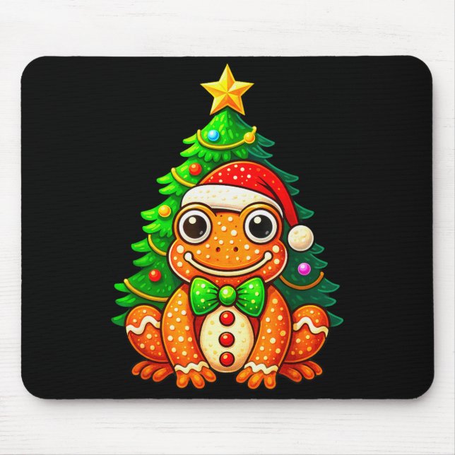 Mousepad Gingerbread Frog Wearing Santa Hat Christmas Tree  (Frente)