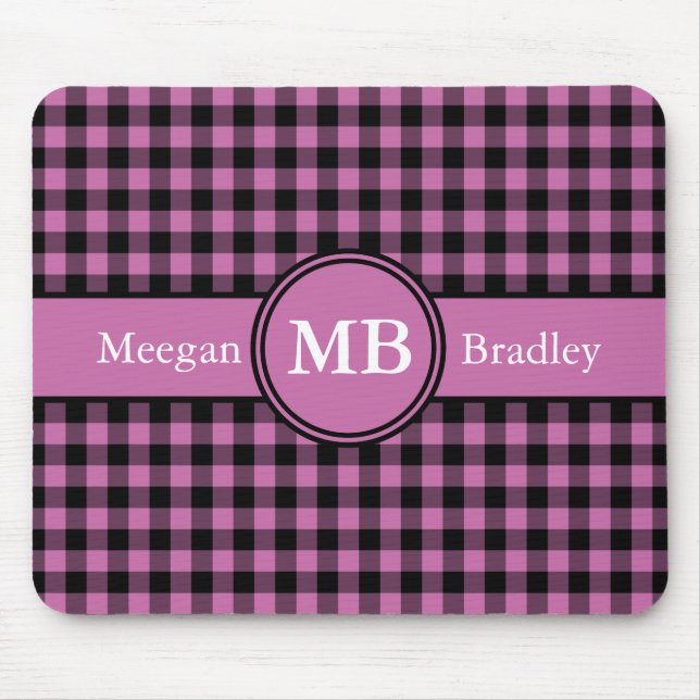 Mousepad Gingham marcado a preto e rosa personalizável (Frente)