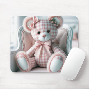 Mousepad Gingham Teddy Bear em uma cadeira