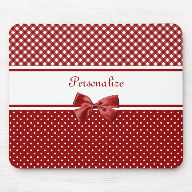Mousepad Gingham vermelho e branco e Bolinhas com nome (Frente)