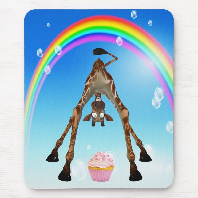 Mousepad Girafa, cupcake & arco-íris bonitos, engraçados (Frente)