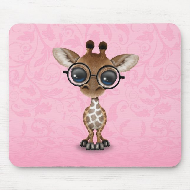 Mousepad Girafa curioso bonito do bebê que veste vidros no (Frente)