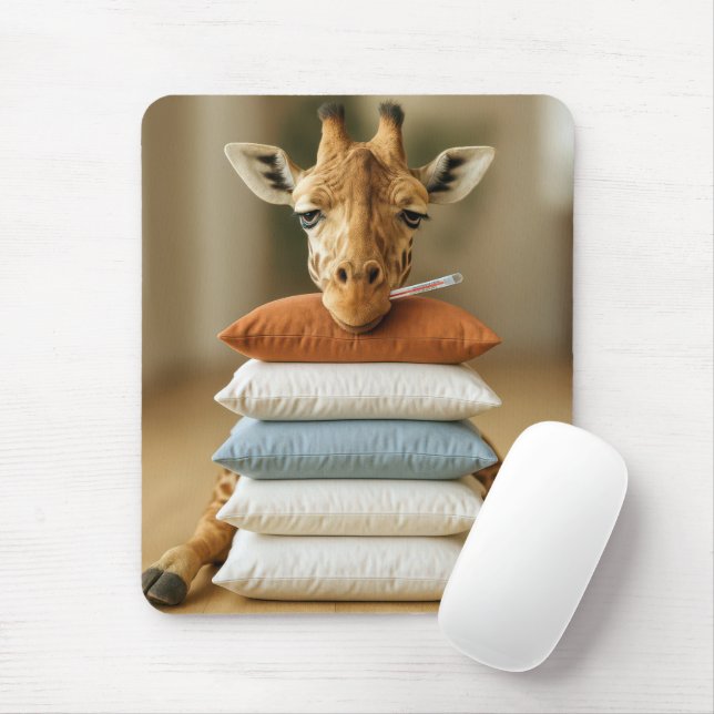Mousepad Girafa Doente em Pilha de Travesseiros da Cama (Com mouse)