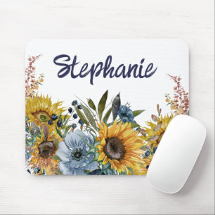 Mousepad Girassóis Amarelos Nome Floral Azul Naval