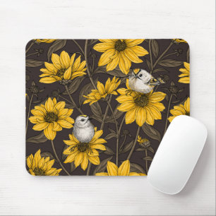 Mousepad Girassóis selvagens e aves douradas/ amarelas