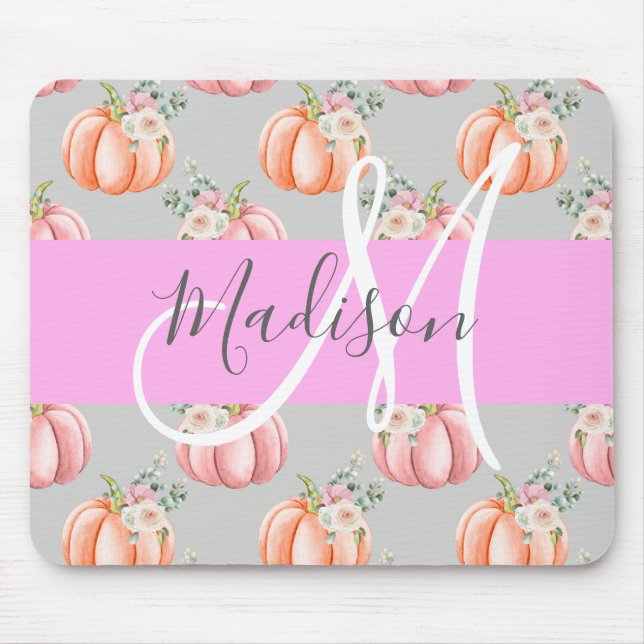 Mousepad Girassol Floral Cinza Rosa Pêssego Pumpkin Monogra (Frente)