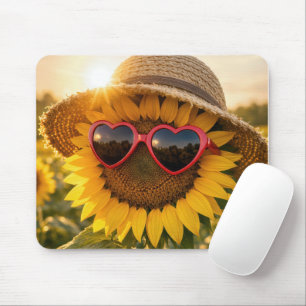 Mousepad Girassol Usando Óculos de Sol e Chapéu de Palha