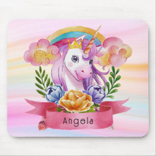 Mousepad Girls Cute Purple Unicorn Rainbow Nome Personaliza
