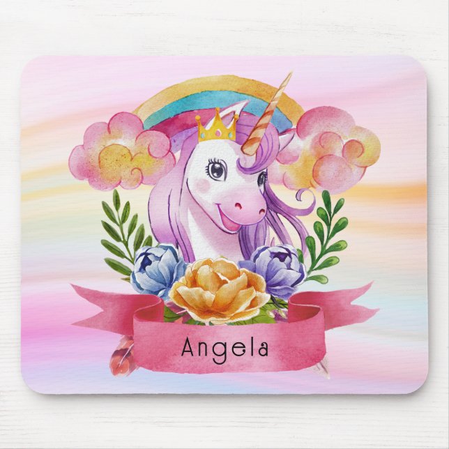 Mousepad Girls Cute Purple Unicorn Rainbow Nome Personaliza (Frente)
