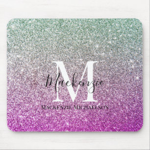 Mousepad Girly Aqua Blue Pink Ombre Glitter Monograma