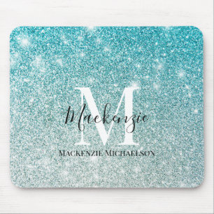 Mousepad Girly Aqua Blue Silver Ombre Glitter Monograma