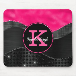 Mousepad Girly Black Gray Hot Pink Waves Glam Monogram Name