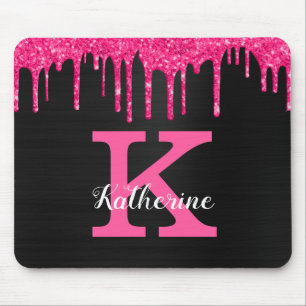 Mousepad Girly Black Hot Pink Glitter Drives Nome do Monogr