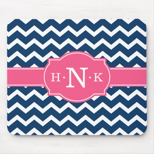 Mousepad Girly Blue Chevron Monograma Rosa (Frente)