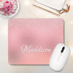 Mousepad Girly Blush Pink Silver Glitter Nome Personalizado