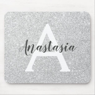 Mousepad Girly Glam Prata Brilho Faíscas Monograma Nome