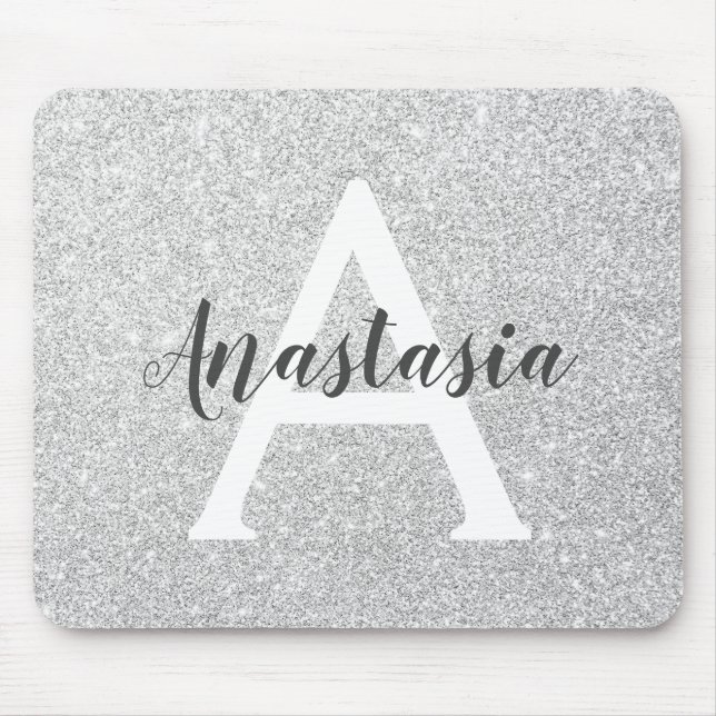 Mousepad Girly Glam Silver Glitter Sparkles Nome do Monogra (Frente)