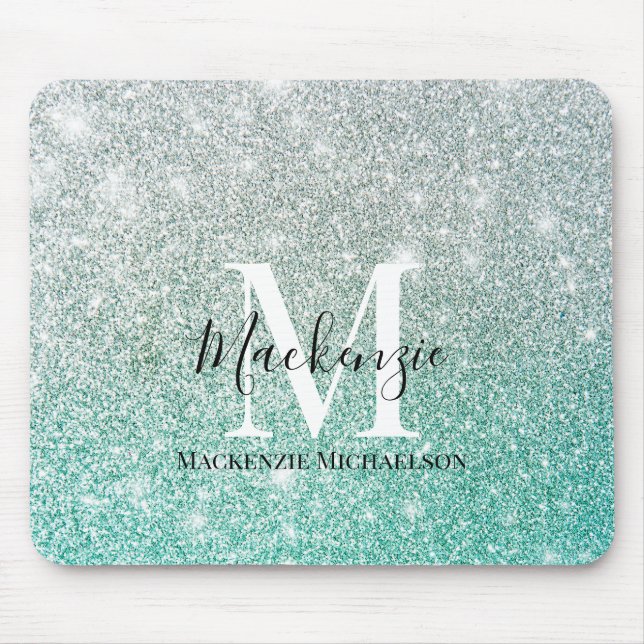 Mousepad Girly Green Silver Ombre Glitter Nome do Monograma (Frente)