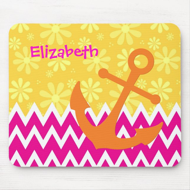 Mousepad Girly Pink Chevrons Orange Anchor Com Nome (Frente)