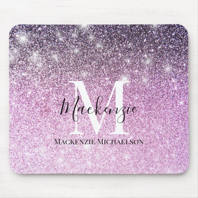 Mousepad Girly Pink Roxo Ombre Glitter Nome do Monograma (Frente)